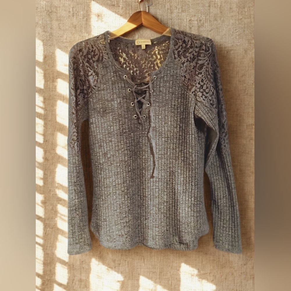 Gray Lace-Up Knit Top with Lace Detail